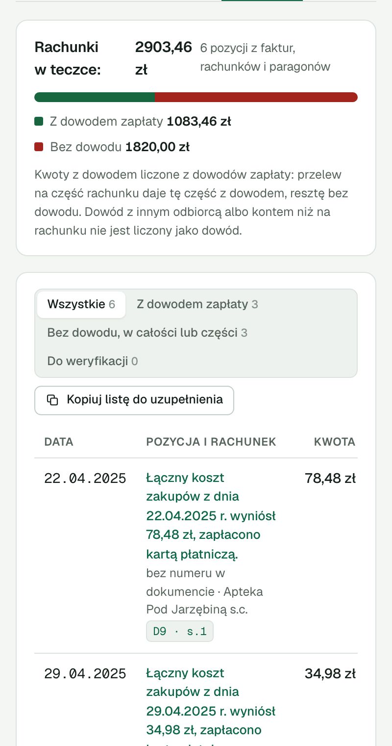 Panel sprawy: koszty w teczce podzielone na z dowodem zapłaty i bez dowodu