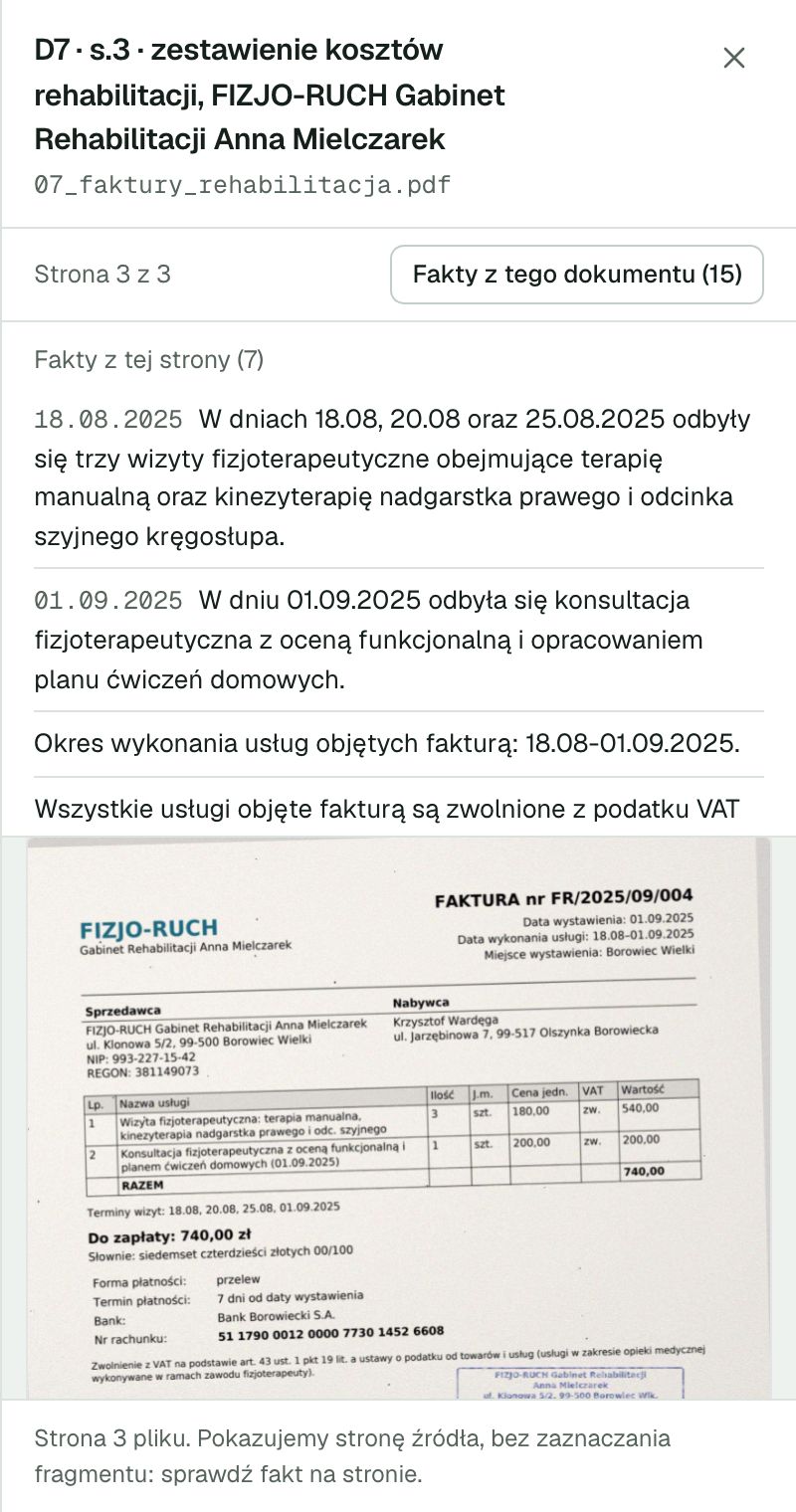 Panel sprawy: fakty z faktury za rehabilitację obok skanu tej faktury (strona 3 z 3)